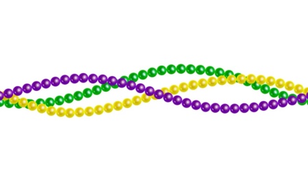 Seamless horizontal pattern beautiful yellow, green, purple beads on a white background. Mardi Gras Party. Venetian carnival mardi gras party.  Vector Design with carnival symbol