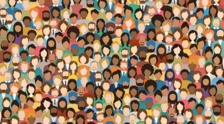Multicultural Crowd of People. Group of different men and women. Young, adult and older peole. European, Asian, African and Arabian People. Empty faces. Vector illustration.